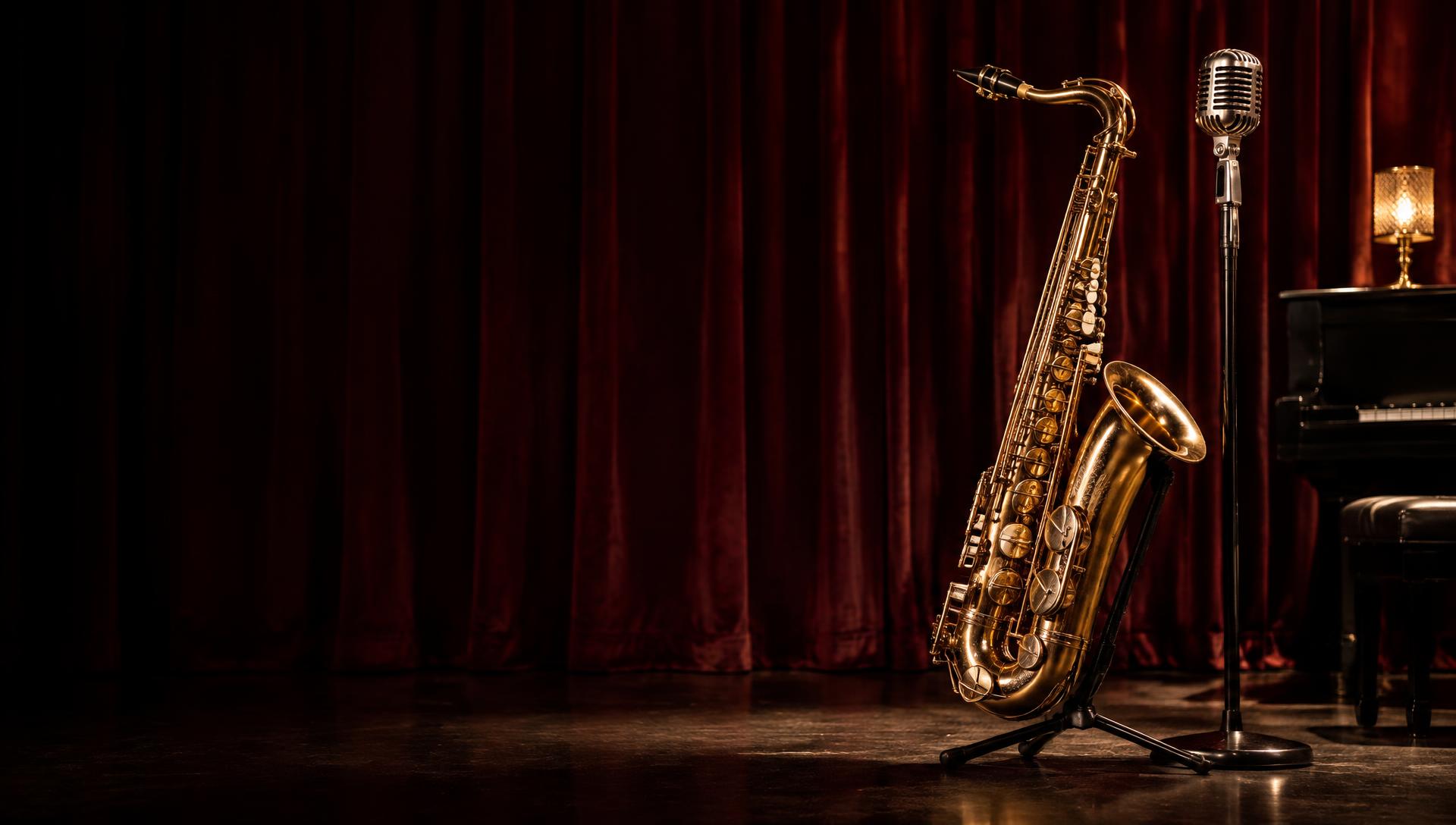 Saxophone and vintage microphone against burgundy stage curtains